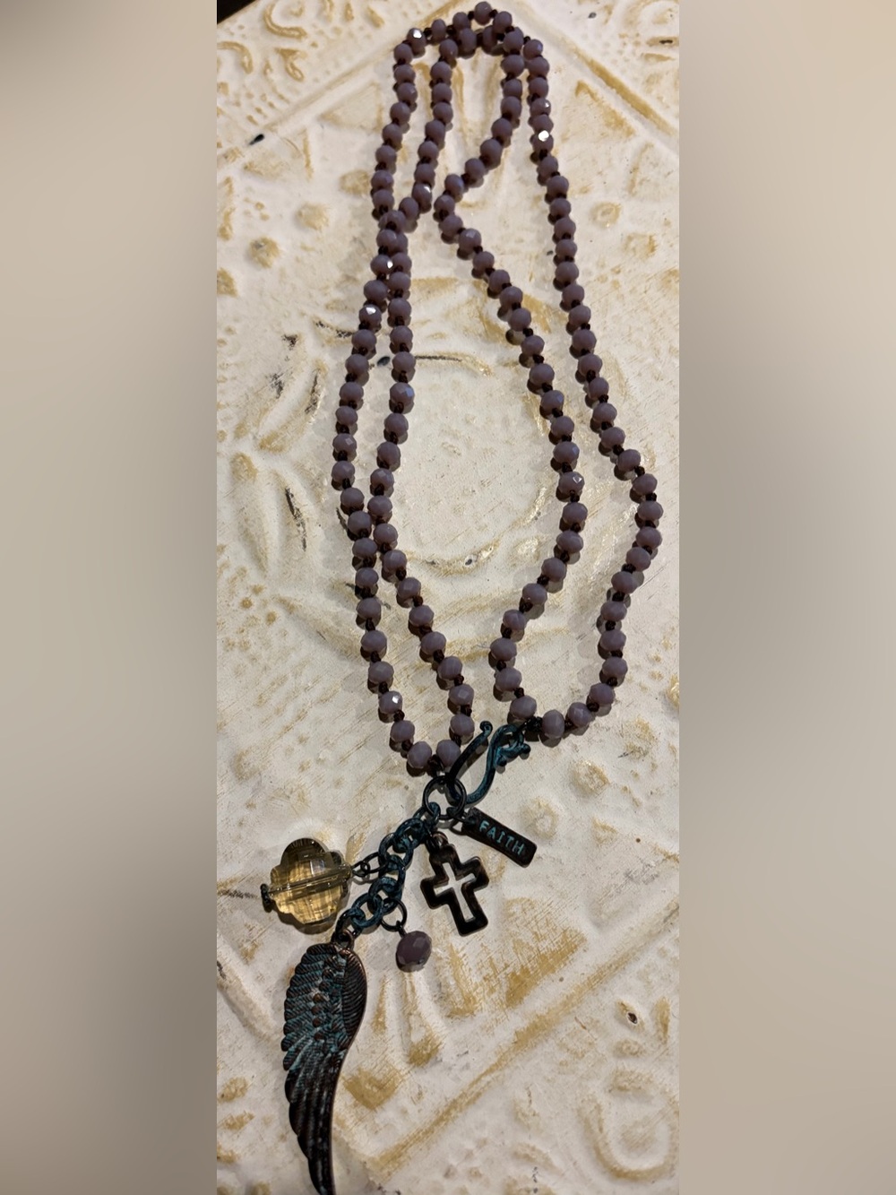 Beaded Faith Charm Necklace with Wing and Cross - Purple